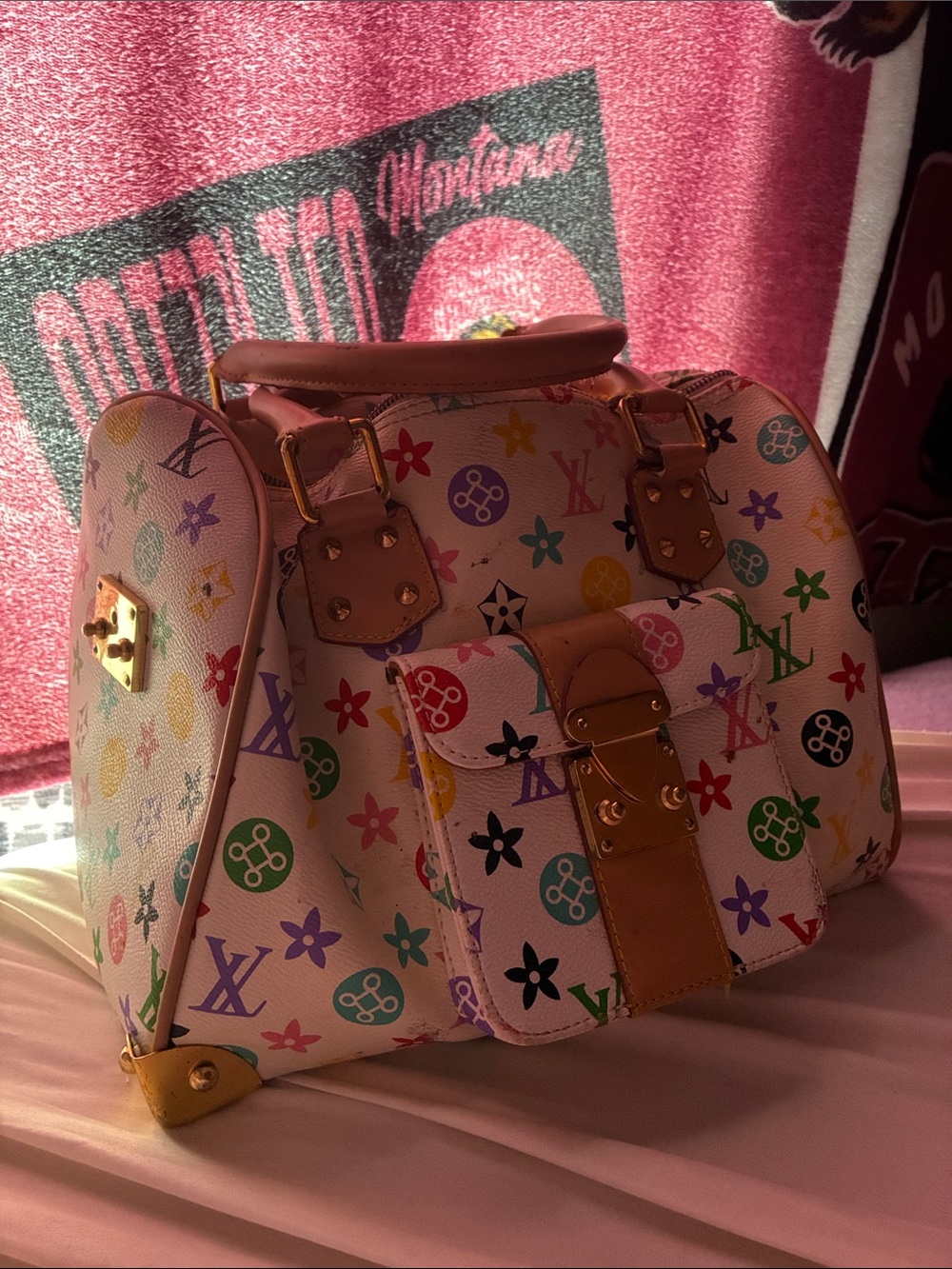 Louis Vuitton Multicolor Monogram White Canvas Satchel with Tan Trim